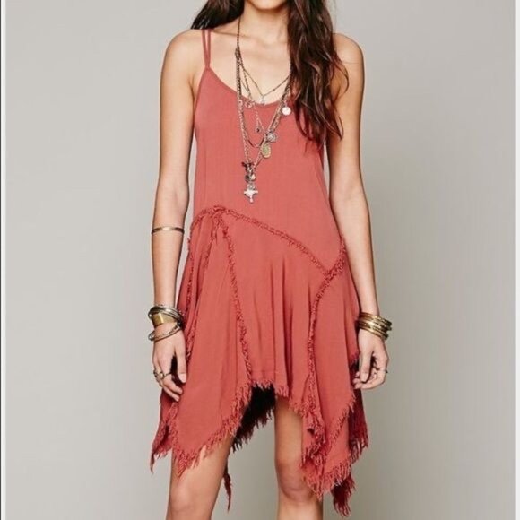 Free People Tattered Up Casual Boho Rust Asymmetrical Frayed Hem Mini Slip Dress - Picture 1 of 16
